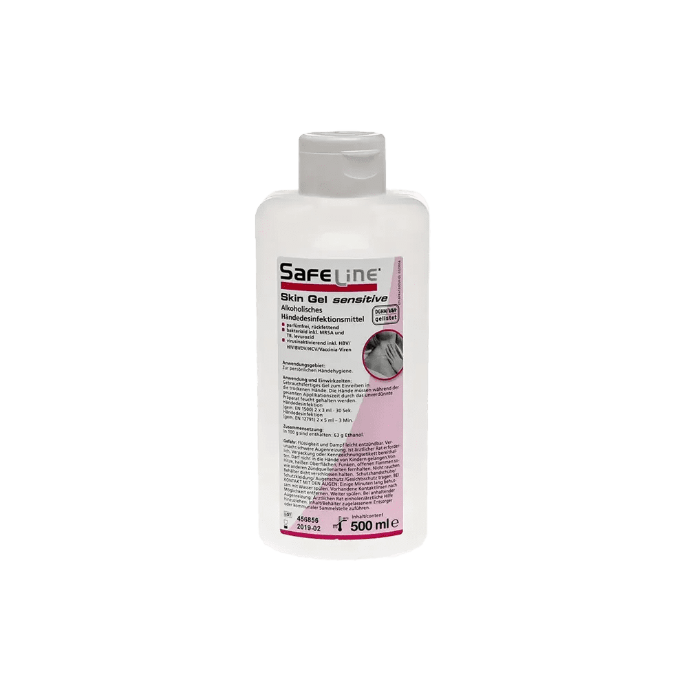 Gel desinfectante de manos, sensible, 500 ml, Safeline Skin: comprar gel desinfectante listo para usar, especialmente adecuado para las manos emfendliche, para la limpieza higiénica para la aplicación en la piel.