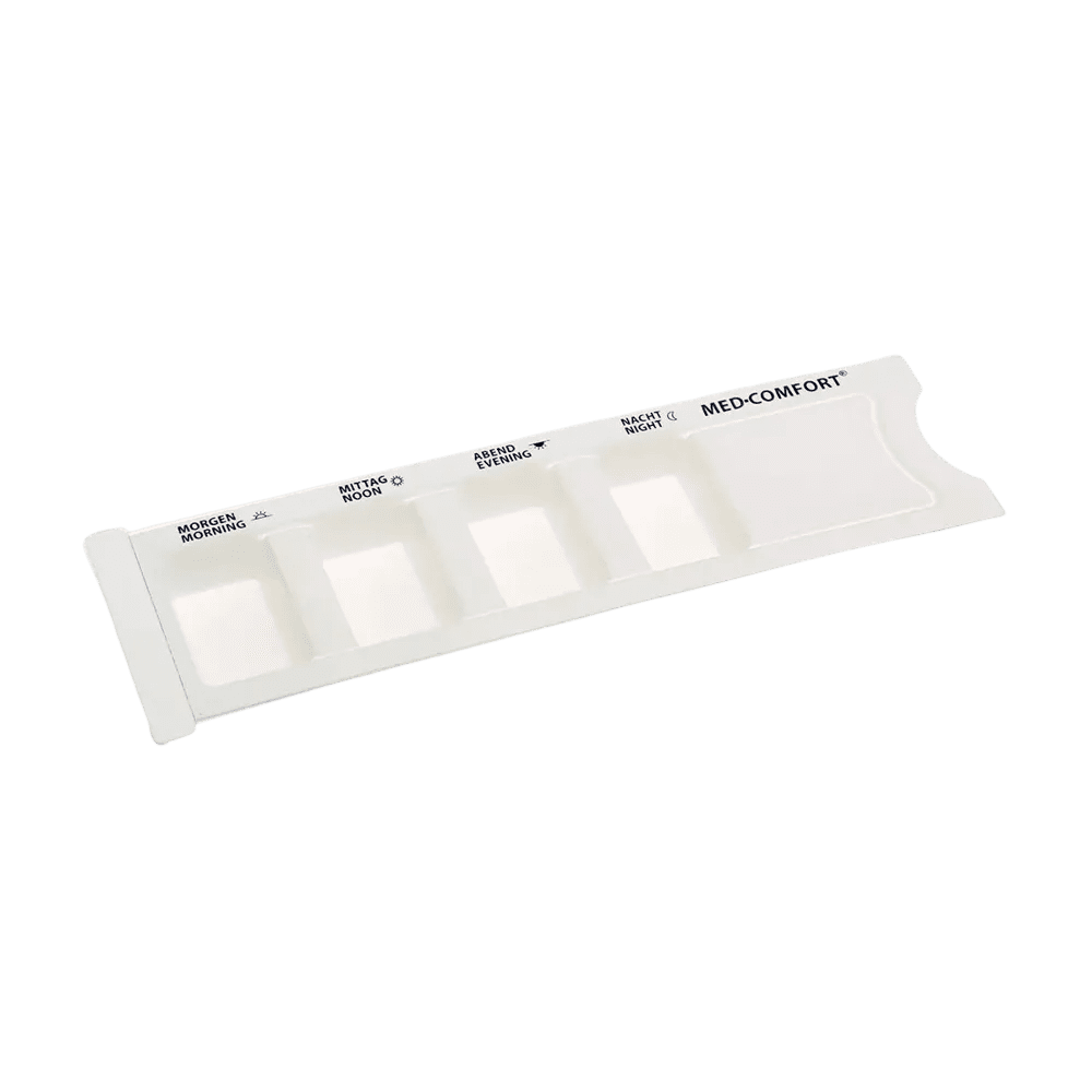 PP Einweg Medikamentendispenser, 4 Fächer, 22,2 x 6 x 1,5 cm, weiß, Med-Comfort