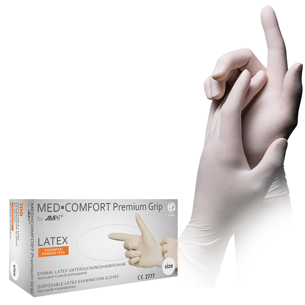Latex gloves, white, size M, powderfree, Med-Comfort Premium Grip: buy anti-slip latex disposable gloves as examination gloves & protective gloves.