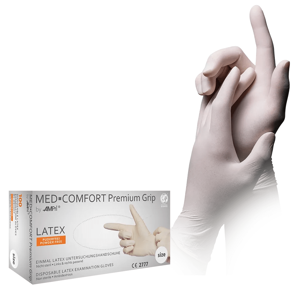 Latexhandschuhe, weiß, Größe M, puderfrei, Med-Comfort Premium Grip: rutschhemmende Latex Einweghandschuhe als Untersuchungshandschuhe & Schutzhandschuhe kaufen. Latexhandschuhe, weiß, Größe M, puderfrei, Med-Comfort Premium Grip: rutschhemmende Latex Einweghandschuhe als Untersuchungshandschuhe & Schutzhandschuhe kaufen.