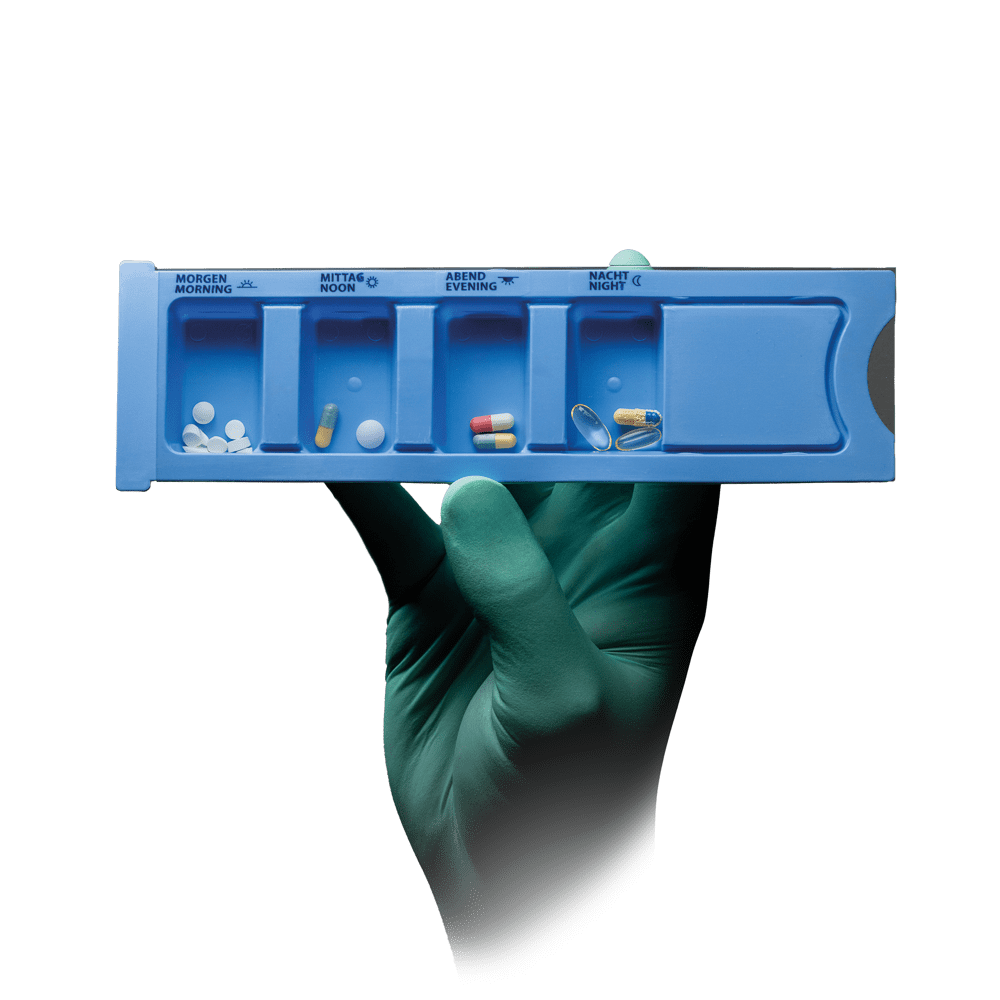 PP Einweg Medikamentendispenser, 4 Fächer, 22,2 x 6 x 1,5 cm, blau, Med-Comfort