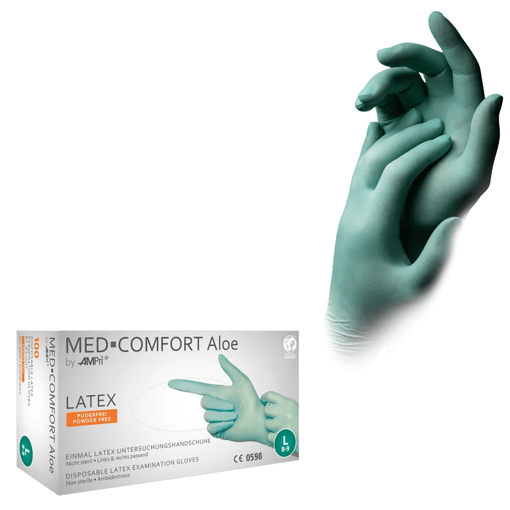 Guantes de látex, verde menta, talla XL, sin polvo, Med-Comfort Aloe: comprar guantes desechables de látex como guantes de examen y guantes de protección.