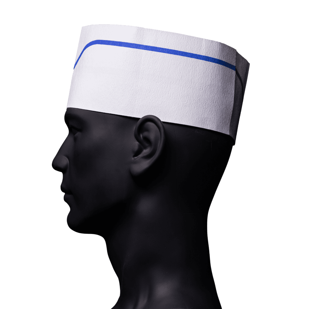 Barco de papel, color blanco con raya azul: comprar casco ajustable para cocina y hostelería como protección higiénica.