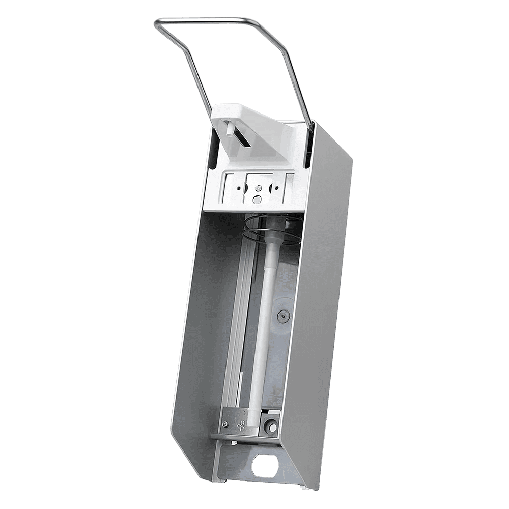 Dispensador de pared para 1000 ml desinfectantes y jabones líquidos, 320 x 94 x 230 mm, palanca larga: comprar dispensador de aluminio para líquidos, incluyendo la botella vacía como accesorio.