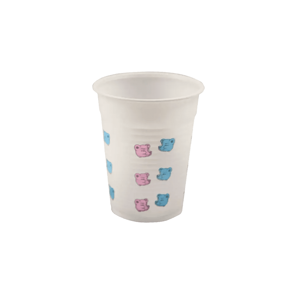 Vaso de enjuague bucal de PE para niños, 180 ml, motivo de oso, polietileno: comprar vaso de enjuague bucal de PE resistente y antideslizante con borde redondeado para tratamientos dentales.