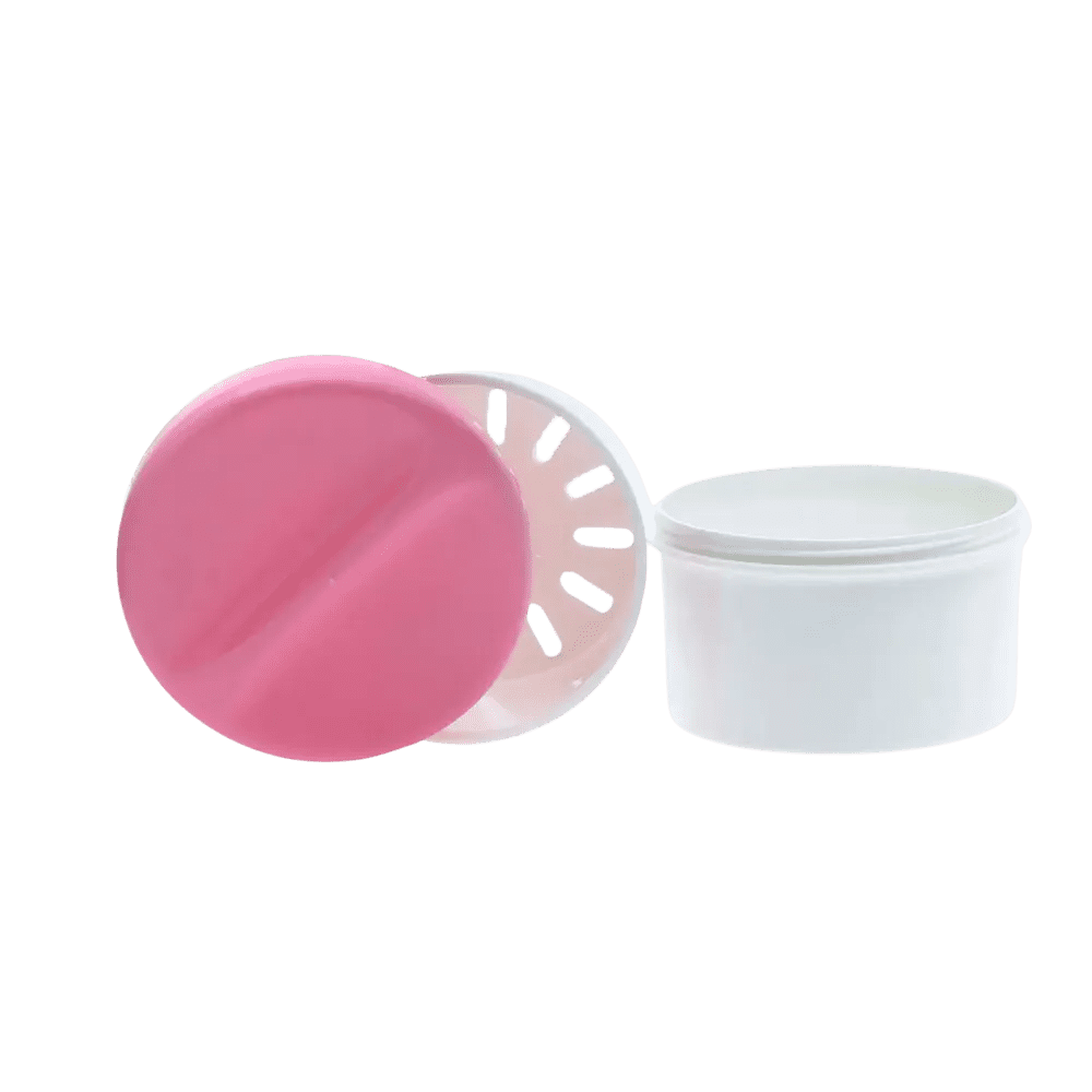 PP Einweg Zahnprothesenbecher, weiß, pink, 250 ml Füllmenge: Becher mit Deckel und Einsatz aus Polypropylen für Zahnprothesen als Dentalbedarf kaufen.