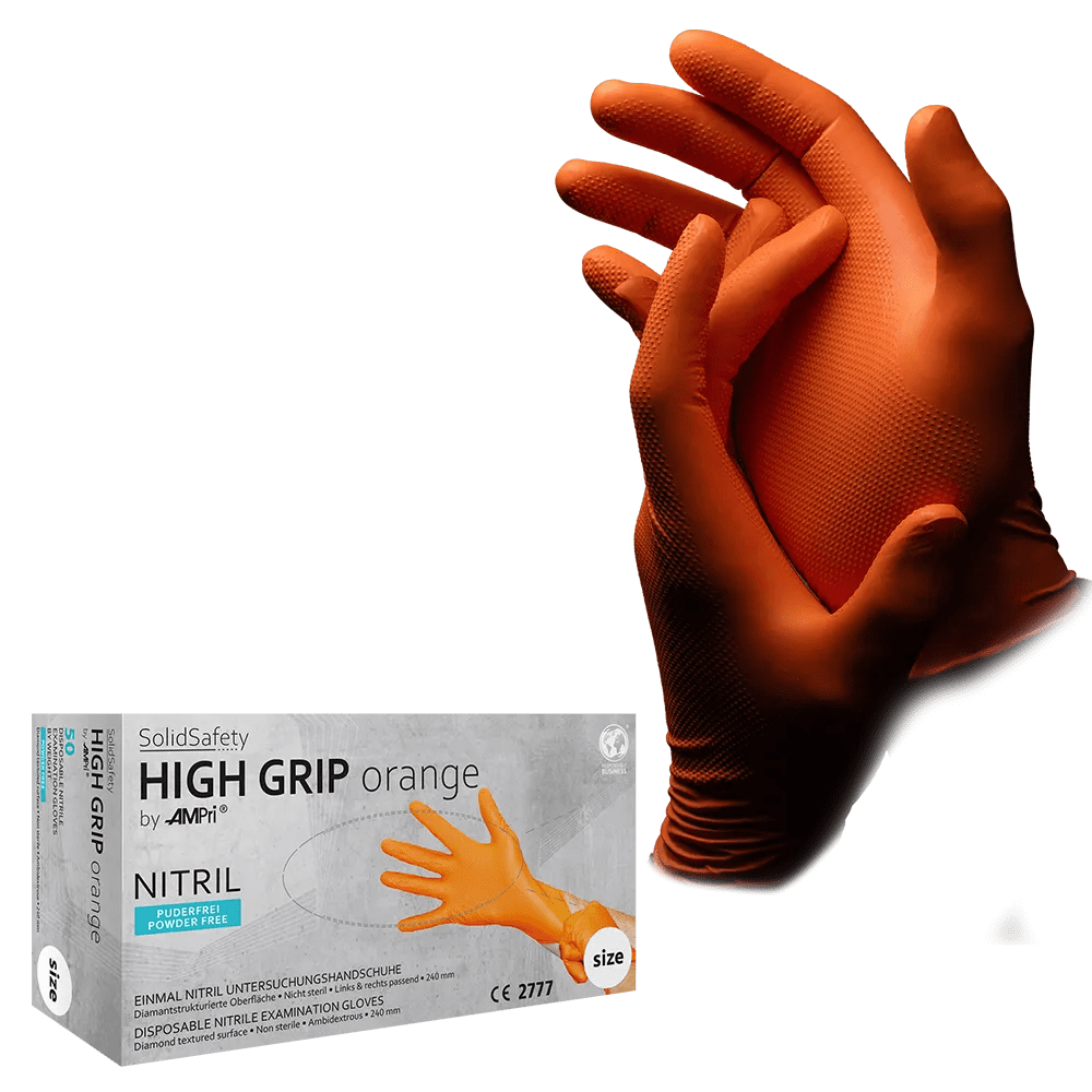 Guante de nitrilo desechable High Grip, talla L, naranja, SolidSafety