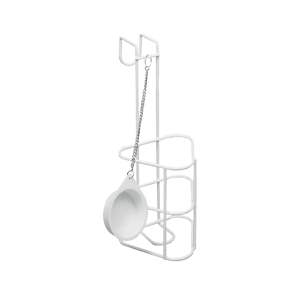 Soporte para frascos de orina con tapa, blanco, metal: comprar un soporte para todos los frascos de orina cuadrados de plástico o vidrio con cadena para colgarlos como suministros para pacientes y salas.