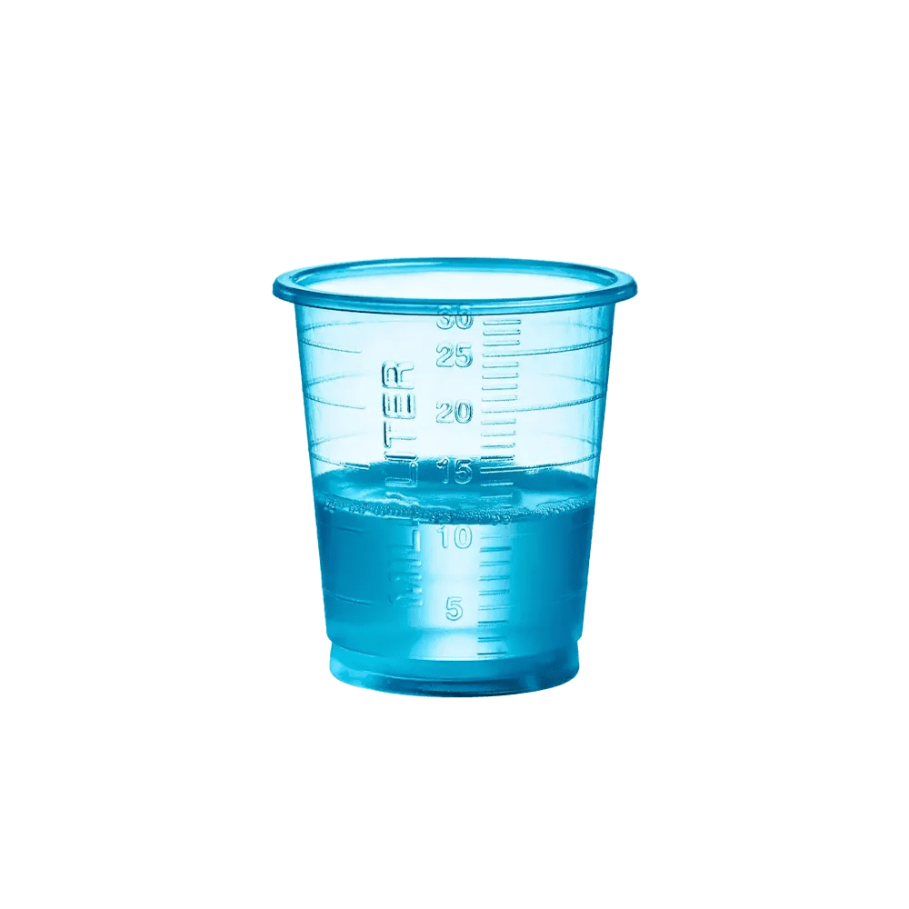 Vaso de medicina desechable PP Eco, 30 ml, graduado, azul, Med-Comfort Eco: comprar vaso de polipropileno médico producido de forma sostenible con función de medición para la dosificación de líquidos y la dispensación de medicamentos como suministros de s
