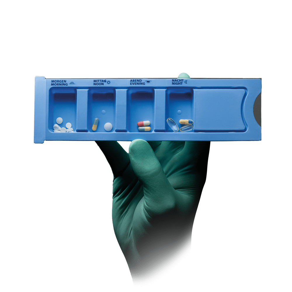 PP Einweg Medikamentendispenser, 4 Fächer, 22,2 x 6 x 1,5 cm, blau, Med-Comfort PP Einweg Medikamentendispenser, 4 Fächer, 22,2 x 6 x 1,5 cm, blau, Med-Comfort