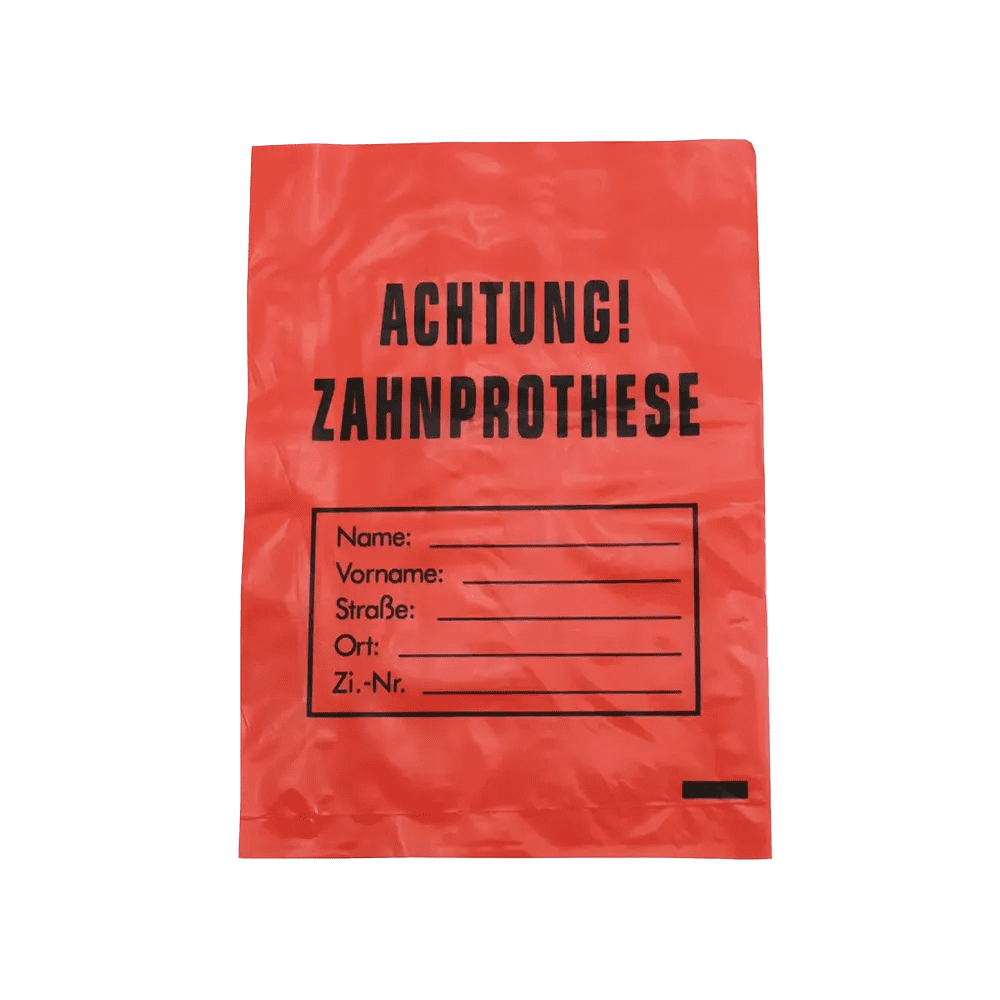 LDPE Zahnprothesenbeutel, Farbe rot, 17 x 24 cm: Beutel für Zahnprothesen als Stations- und Patientenbedarf kaufen. LDPE Zahnprothesenbeutel, Farbe rot, 17 x 24 cm: Beutel für Zahnprothesen als Stations- und Patientenbedarf kaufen.