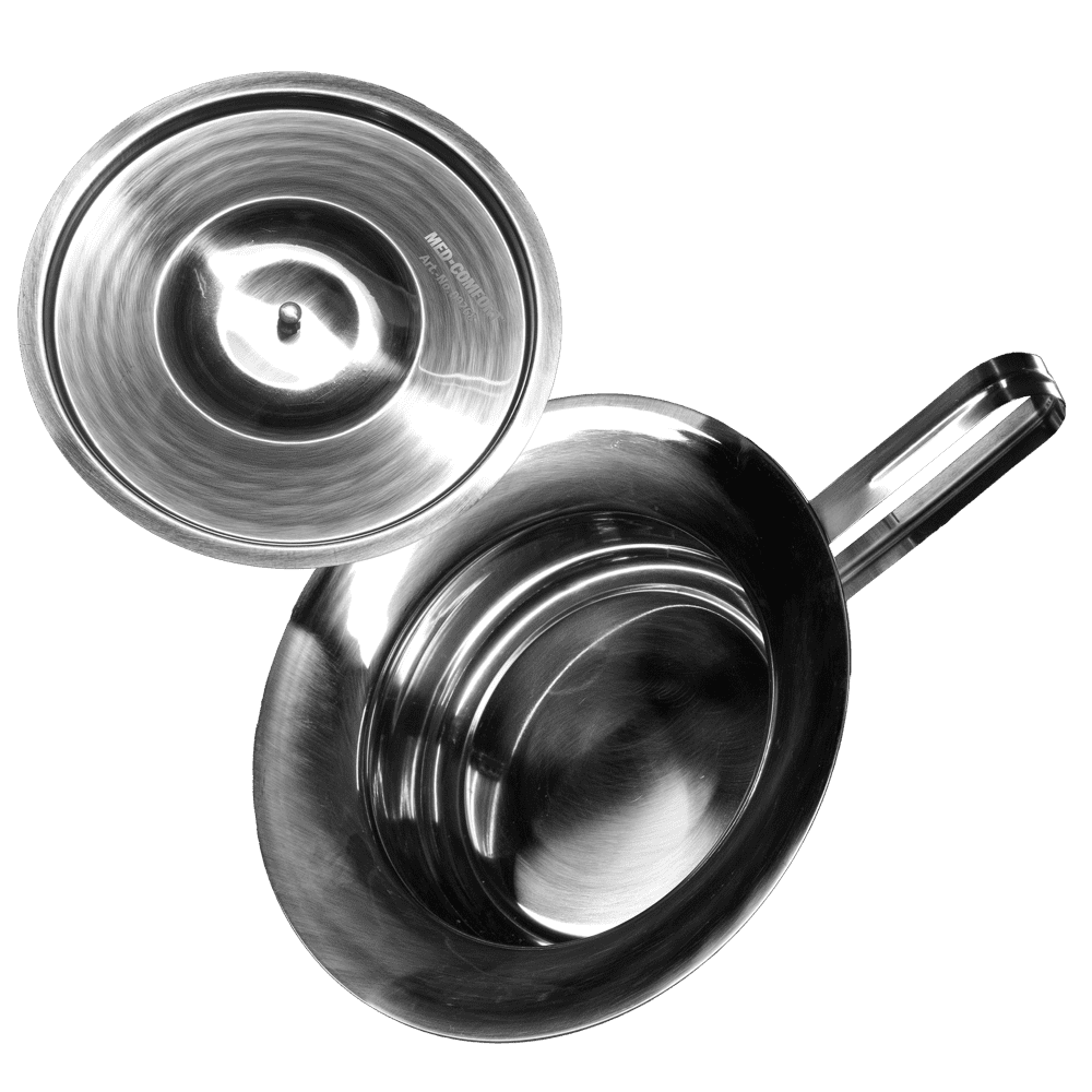 Stainless steel bedpan, with button lid, shiny silver Stainless steel bedpan, with button lid, shiny silver