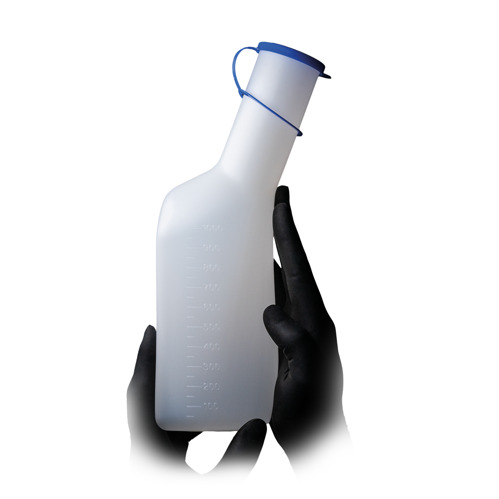 Botella de orina de PE para hombres, angular, de color blanco / lechoso con tapa de PP azul
