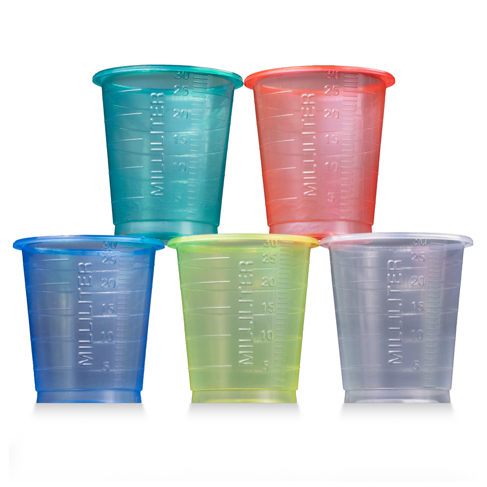 PP Disposable medicine cup, 30 ml, graduated, blue, red, green, transparent, yellow, Med-Comfort Basic: buy sustainably produced, polypropylene cup with measuring function for dosing liquids and dispensing medicines as ward supplies.