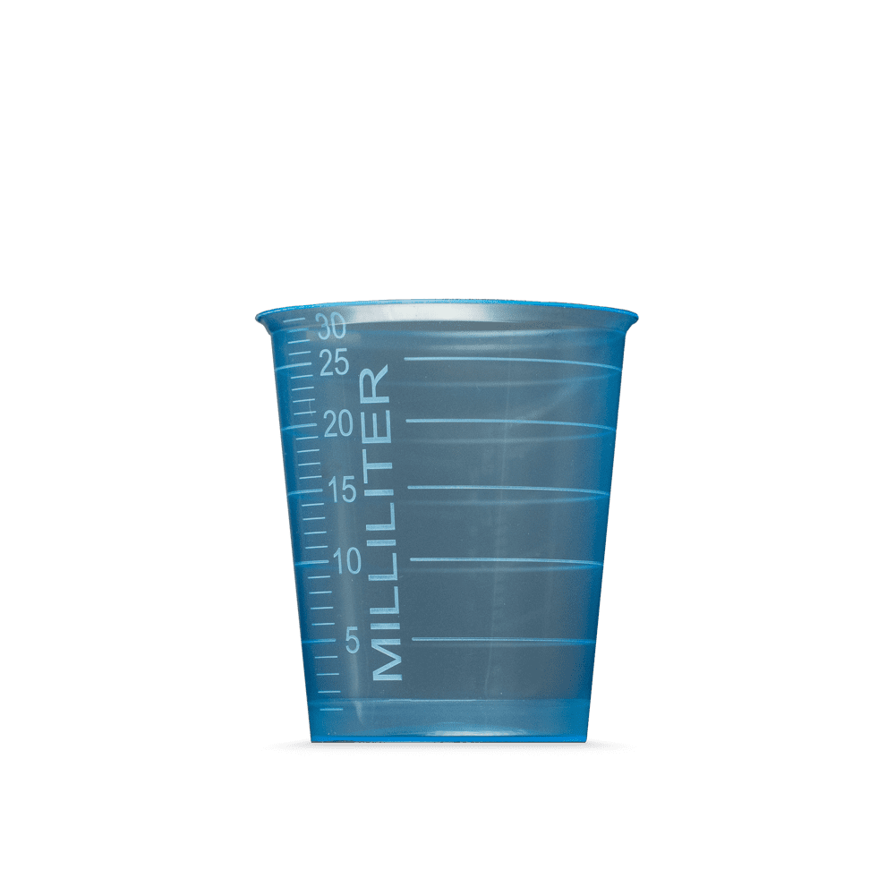 Vaso de medicina desechable de PP, 30 ml, graduado, azul, Med-Comfort Basic: comprar Vaso de polipropileno médico, producido de forma sostenible, con función de medición para la dosificación de líquidos y la dispensación de medicamentos, como material de
