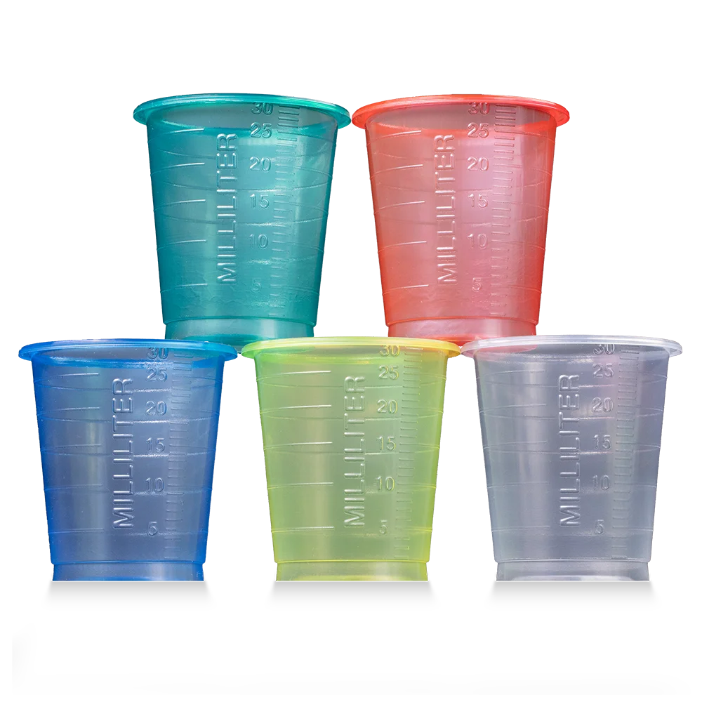 Vaso para medicamentos de PP, color transparente, azul, verde, amarillo, rojo, blanco, 30 ml, graduado: comprar vasos de polipropileno para medicamentos o para dosificar líquidos y dispensar medicamentos como material de sala.