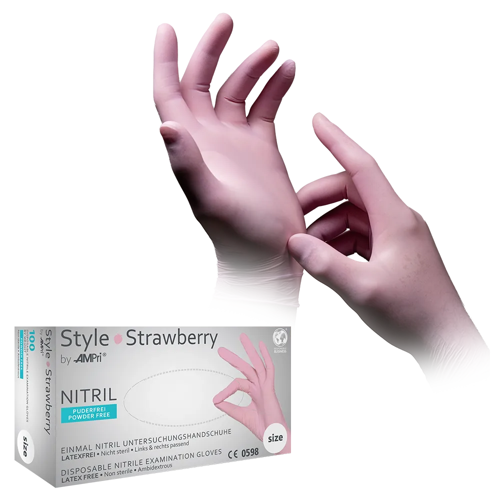 Nitrilhandschuhe, rosa, Größe L, puderfrei, Style Strawberry by Med-Comfort: Nitril Einmalhandschuhe als Schutzhandschuhe und Untersuchungshandschuhe aus farbigem Nitril kaufen.