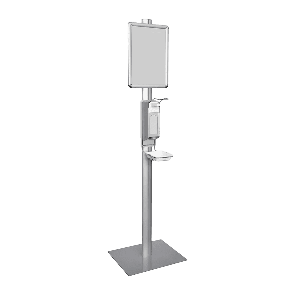 Mobile Desinfektionssäule mit Informationsrahmen Mobile Desinfektionssäule mit Informationsrahmen