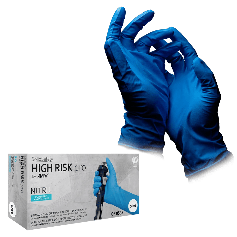 Guantes de nitrilo desechables, tipo A, talla M, azul, Solidsafety High Risk Pro: comprar guante de nitrilo sin polvo como guante de protección química como EPI.