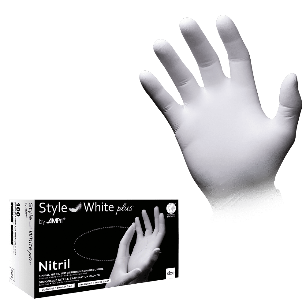 Guantes de nitrilo, blancos, extra suaves, talla M, sin polvo, Style White de AMPri: guantes desechables de nitrilo como guantes de protección y guantes de exploración de nitrilo.