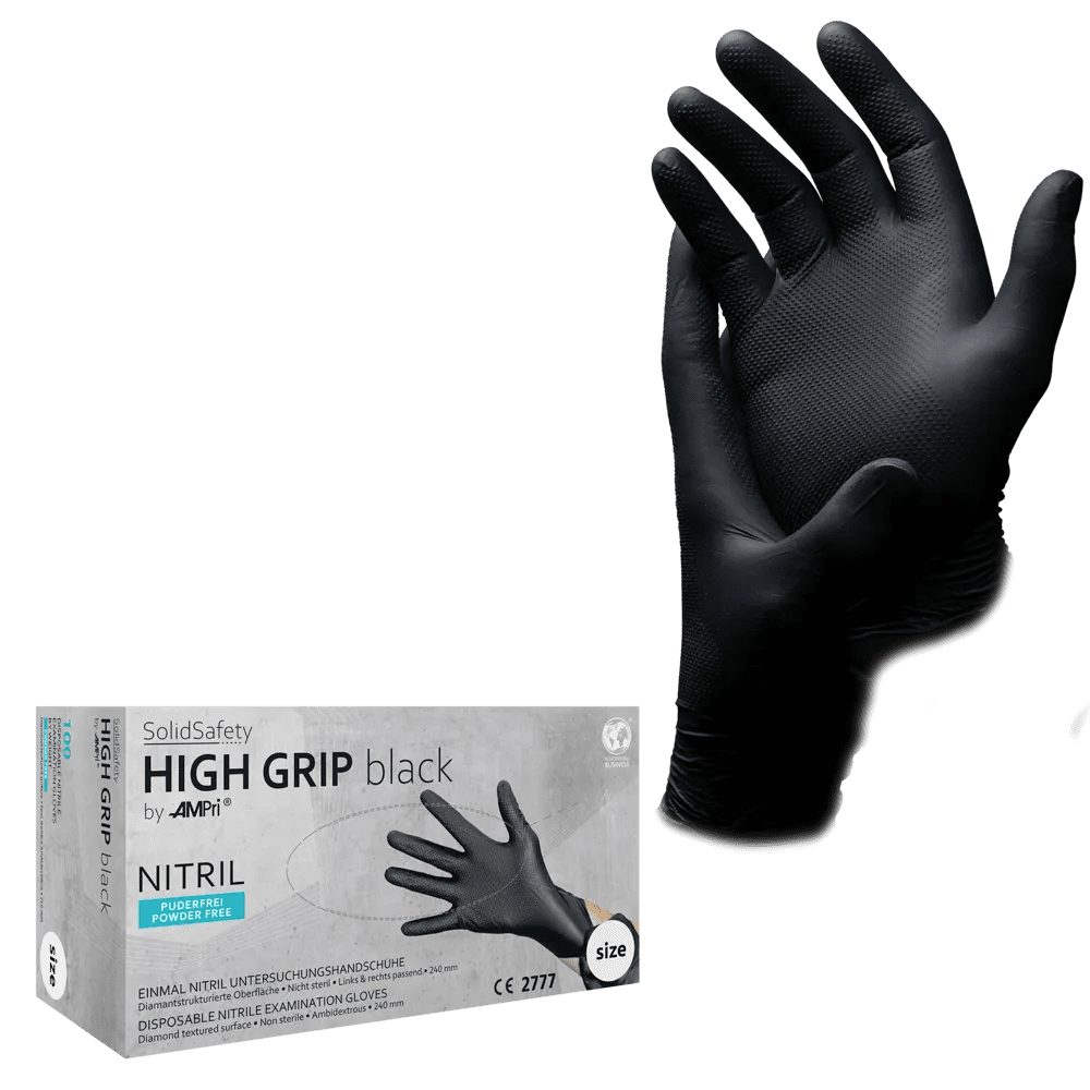 High Grip Einmalhandschuh aus Nitril, Größe M, schwarz, SolidSafety