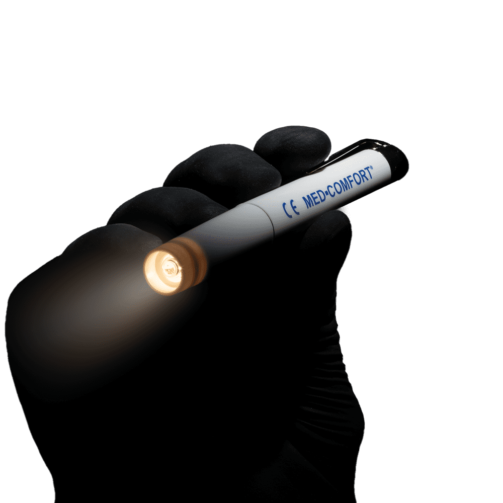 Luz de diagnóstico, color blanco, con pilas de larga duración, Med-Comfort: comprar luz de diagnóstico en blister para iluminar la zona de la boca y la garganta durante el examen para su uso durante el tratamiento dental.