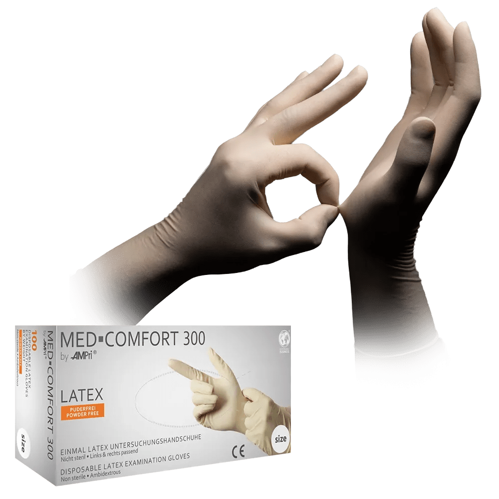 Latex gloves, white, size M, powderfree, Med-Comfort 300: buy latex disposable gloves for protection and examination.
