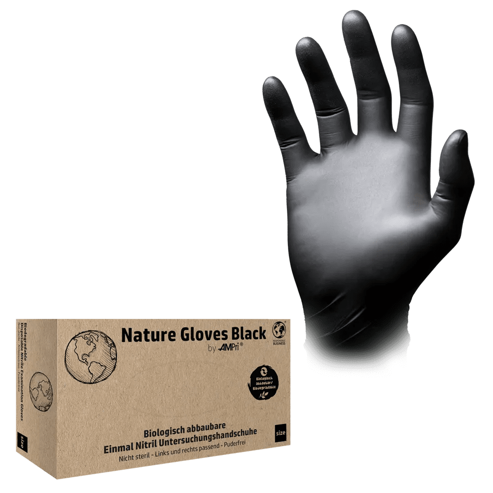 Guantes de nitrilo, negro, talla M, sin polvo, Nature Gloves by Med-Comfort: comprar guantes desechables de nitrilo como guantes de protección y guantes de examen de nitrilo.