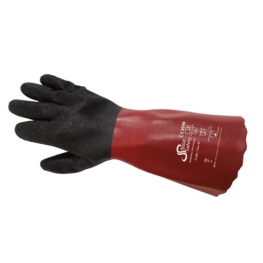 Guante de protección química, talla 8, SolidSafety Chem MaxGrip: comprar Robusto guante de seguridad industrial con protección química tipo A como EPI.