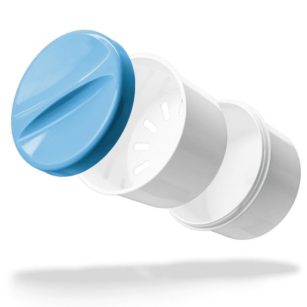 PP Einweg Zahnprothesenbecher, weiß, blau, 250 ml Füllmenge PP Einweg Zahnprothesenbecher, weiß, blau, 250 ml Füllmenge