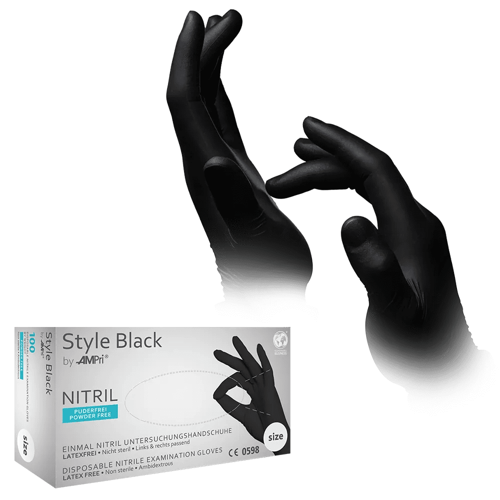 Nitrile gloves, black, size M, powderfree, style black by Med-Comfort: buy nitrile disposable gloves as protective gloves and examination gloves in coloured nitrile.