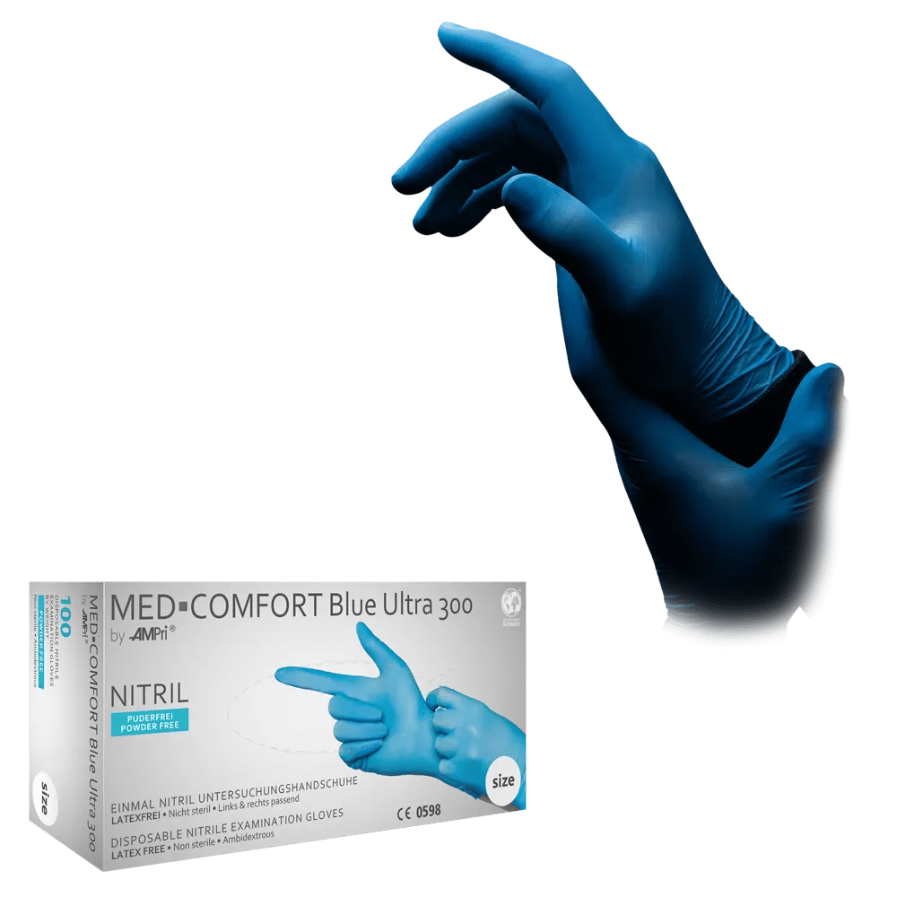 Strong and long nitrile glove, blue, size M, powderfree, Med-Comfort blue Ultra 300: buy thick nitrile disposable gloves as protective gloves and examination gloves made of nitrile.