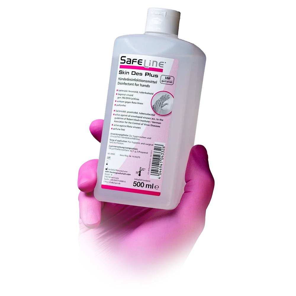 Desinfección de manos, 500 ml, Safeline Skin Des Plus: comprar desinfectante listo para usar, especialmente indicado para manos sensibles a las alergias, para una limpieza higiénica para su aplicación en la piel.