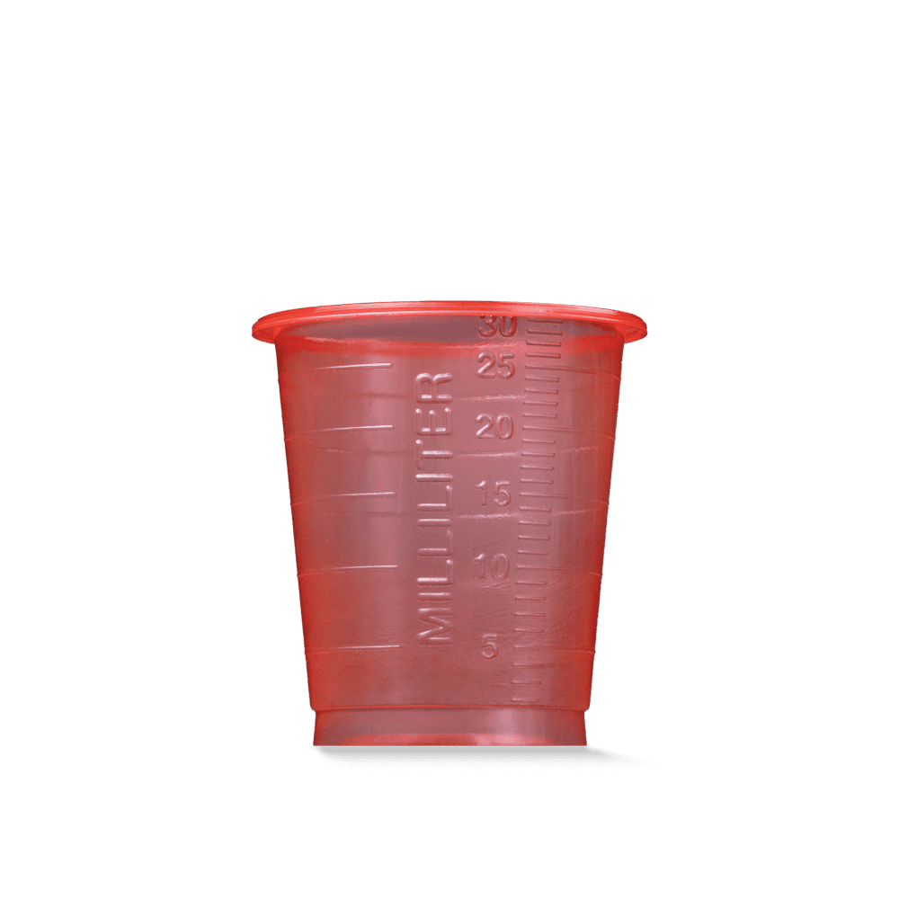 Vaso de medicina de PP, color rojo, 30 ml, graduado: comprar vasos de polipropileno para tomar medicamentos o para dosificar líquidos y dispensar medicamentos como material de sala.