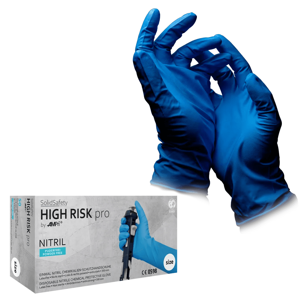 Disposable nitrile gloves, type A, size M, blue, Solidsafety High Risk Pro: buy powderfree nitrile glove as chemical protective glove as PPE.