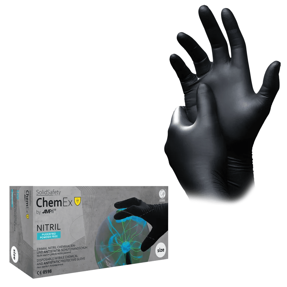 Guante de protección de nitrilo, M, negro, SolidSafety Chem Ex guante de nitrilo: comprar guante de protección química desechable antiestático y sin polvo como EPI.