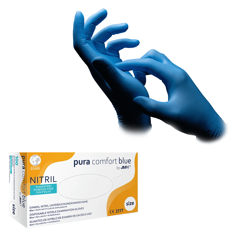 Guantes de nitrilo, azul, talla M, sin polvo, Puracomfort Azul: comprar guantes desechables de nitrilo como guantes de protección y guantes de examen de nitrilo.