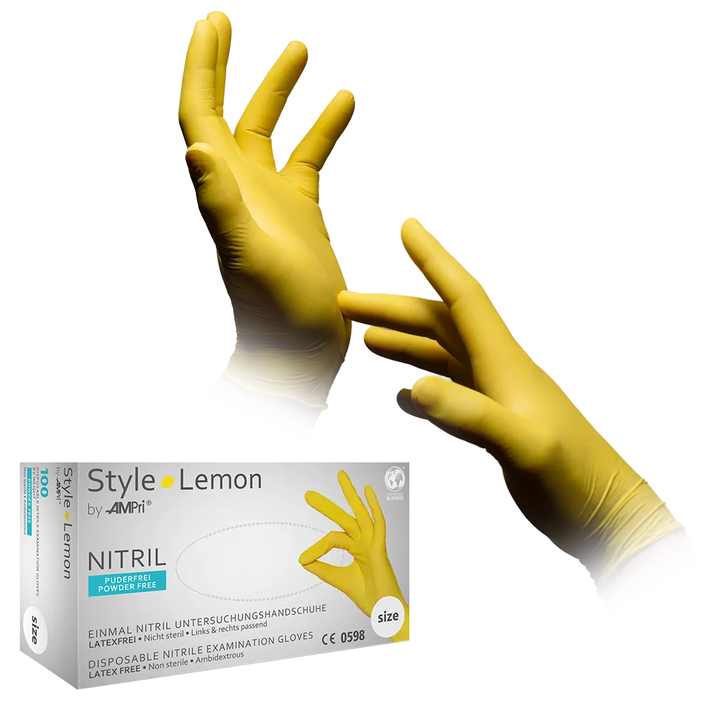 Nitrilhandschuhe, gelb, Größe XS, puderfrei, Style Lemon by Med-Comfort: Nitril Einmalhandschuhe als Schutzhandschuhe und Untersuchungshandschuhe aus farbigem Nitril kaufen.