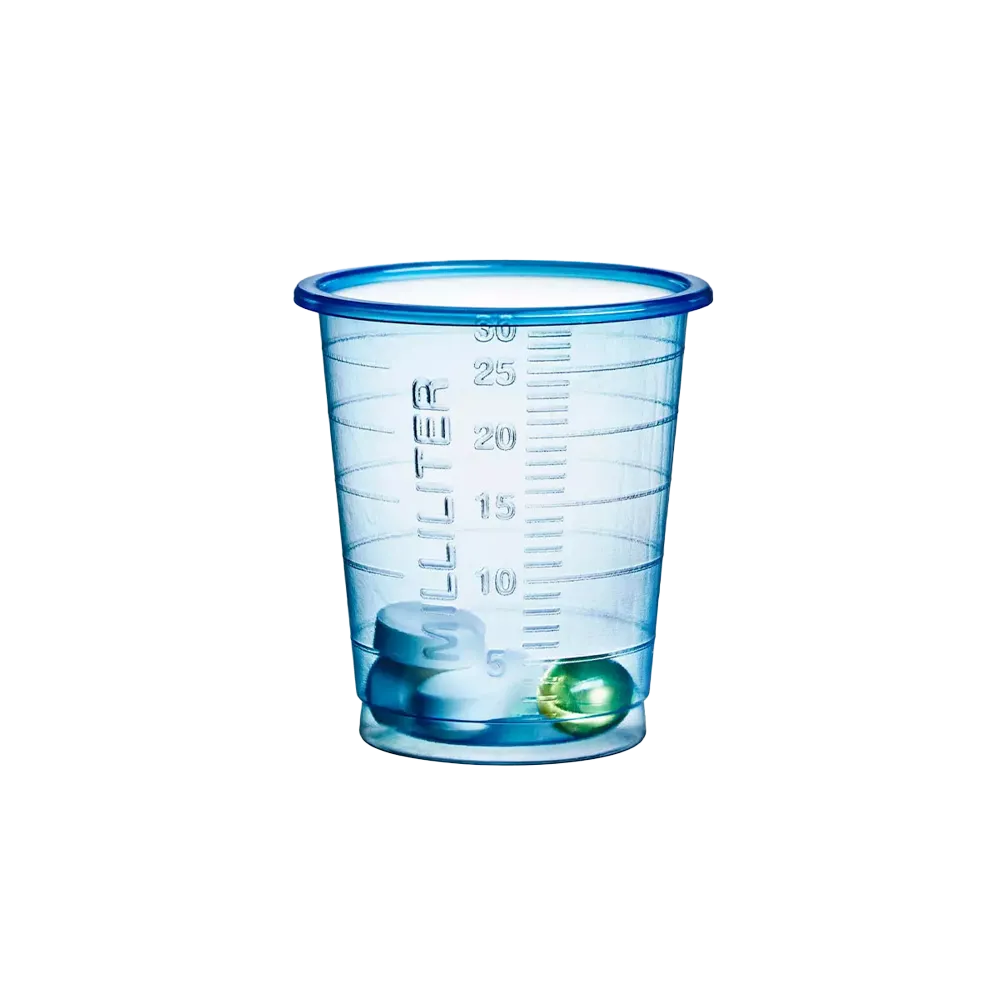 PP Vaso desechable para medicamentos, 30 ml, graduado, transparente, azul, verde, amarillo, rojo, Med-Comfort: comprar fabricado de forma sostenible, vaso de polipropileno con función de medición para la dosificación de líquidos y la dispensación de medic