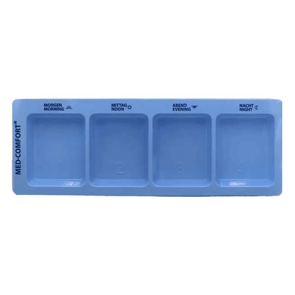 PP Einweg Medikamentendispenser, 4 Fächer, 22 x 8 x 2 cm, blau, Med-Comfort PP Einweg Medikamentendispenser, 4 Fächer, 22 x 8 x 2 cm, blau, Med-Comfort