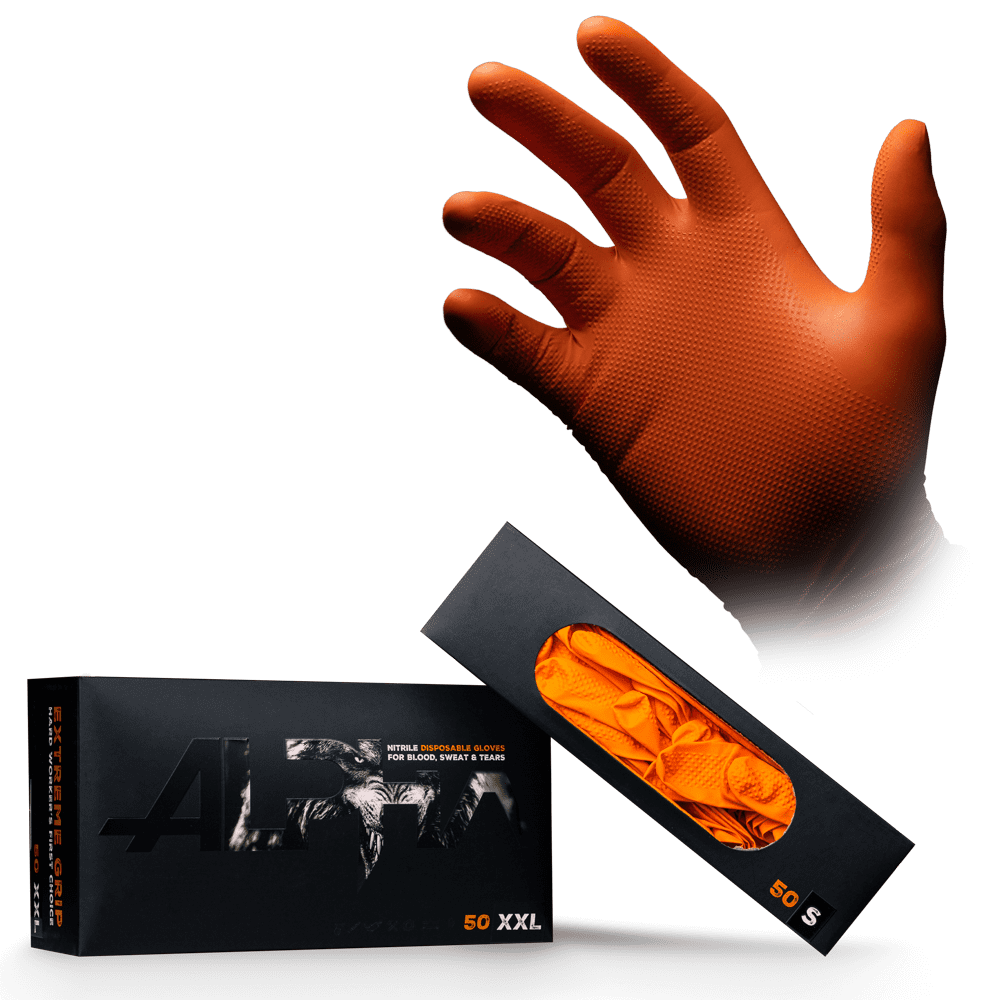 Extreme Grip Einmalhandschuh aus Nitril, Größe M, orange, ALPHA: extra griffigen und chemikalienbeständigen Arbeitsschutzhandschuh aus Nitril und für den Lebensmittelbereich geeignet als PSA kaufen. Extreme Grip Einmalhandschuh aus Nitril, Größe M, orange, ALPHA: extra griffigen und chemikalienbeständigen Arbeitsschutzhandschuh aus Nitril und für den Lebensmittelbereich geeignet als PSA kaufen.