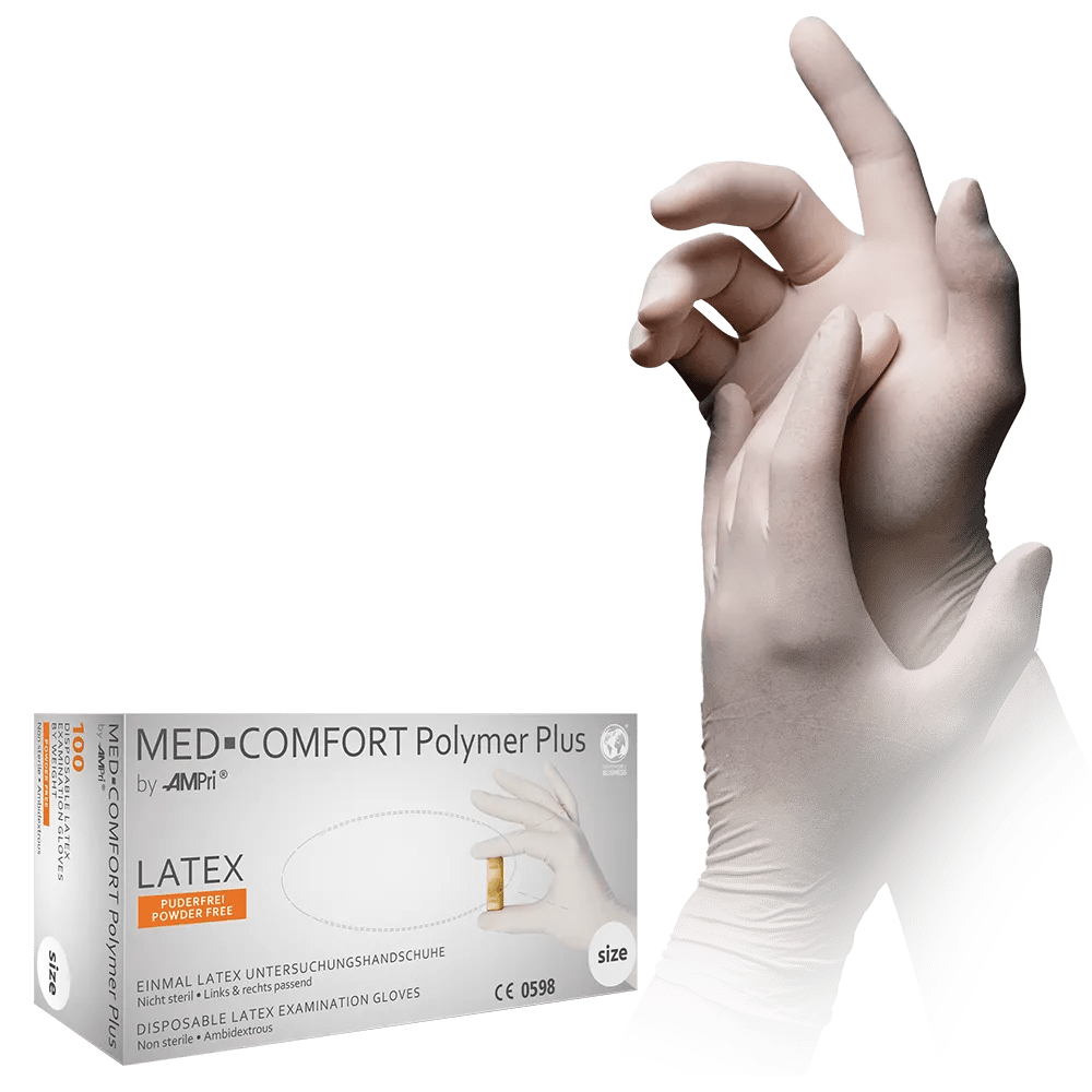 Latex gloves, light beige, size XS, powderfree, Med-Comfort Polymer Plus: buy latex disposable gloves as examination gloves & protective gloves.