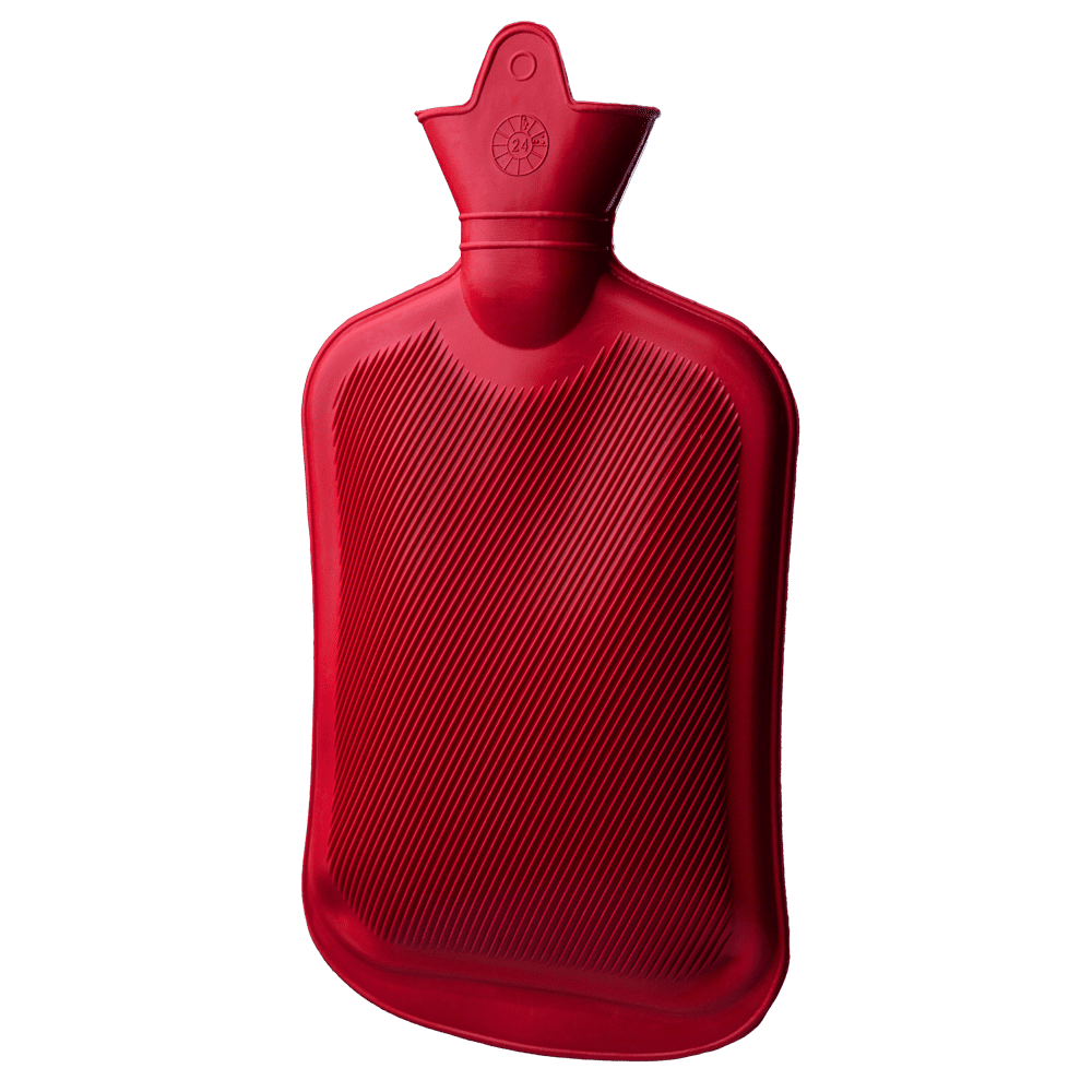 Bolsa de agua caliente, roja, de goma, con tapón de rosca: Bolsa de agua caliente 2l, para uso en el cuello o también adecuado para embarazos, comprar como suministros de sala y paciente.