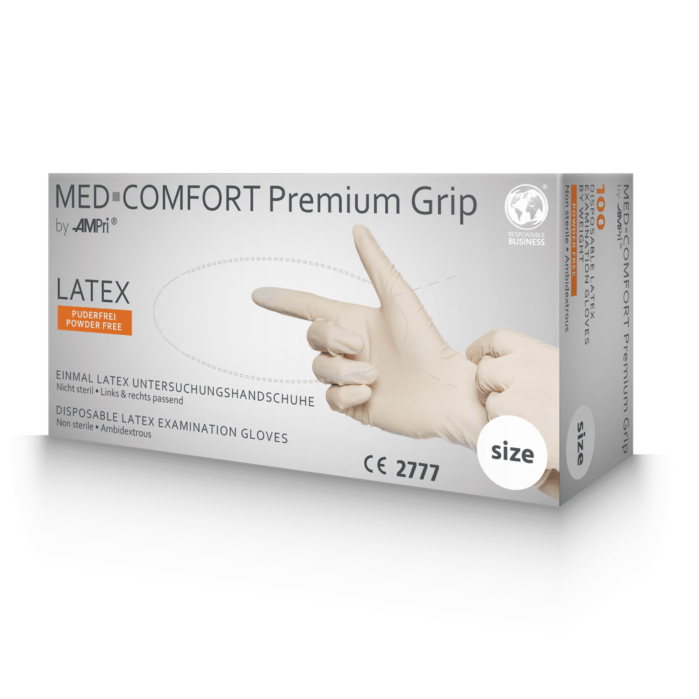 Latexhandschuhe, weiß, Größe M, puderfrei, Med-Comfort Premium Grip: rutschhemmende Latex Einweghandschuhe als Untersuchungshandschuhe & Schutzhandschuhe kaufen.