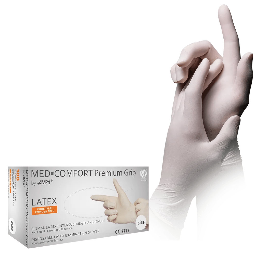 Guantes de látex, blanco, talla M, sin polvo, Med-Comfort Premium Grip: comprar guantes desechables de látex antideslizantes como guantes de examen y guantes de protección.