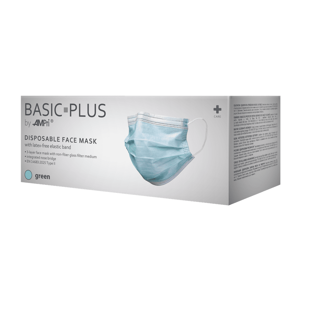 Mascarilla quirúrgica, verde, de 3 capas, tipo II, con bandas elásticas, Basic-Plus: comprar protección bucal no tejida como mascarillas médicas desechables.