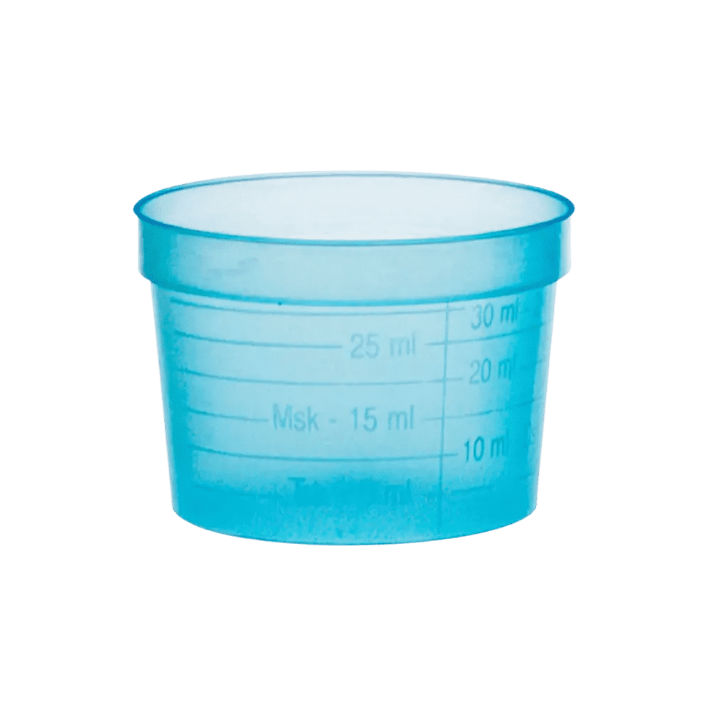 Vaso para medicamentos de PP, color azul, ancho, 30 ml, graduado