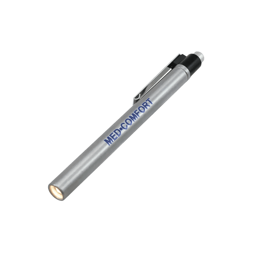 Diagnostic light with clip, colour white, with long-life batteries, Med-Comfort: buy diagnostic light with push-button for switching on and off to illuminate the oral and pharyngeal cavity during the examination for use during dental treatment.