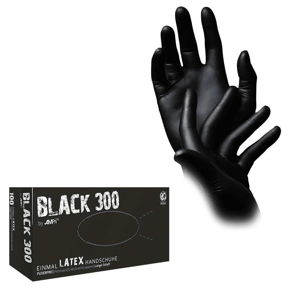 Latex gloves with overlength, black, size S, unpowdered, Black 300 Latex: buy latex disposable as examination gloves & protective gloves.