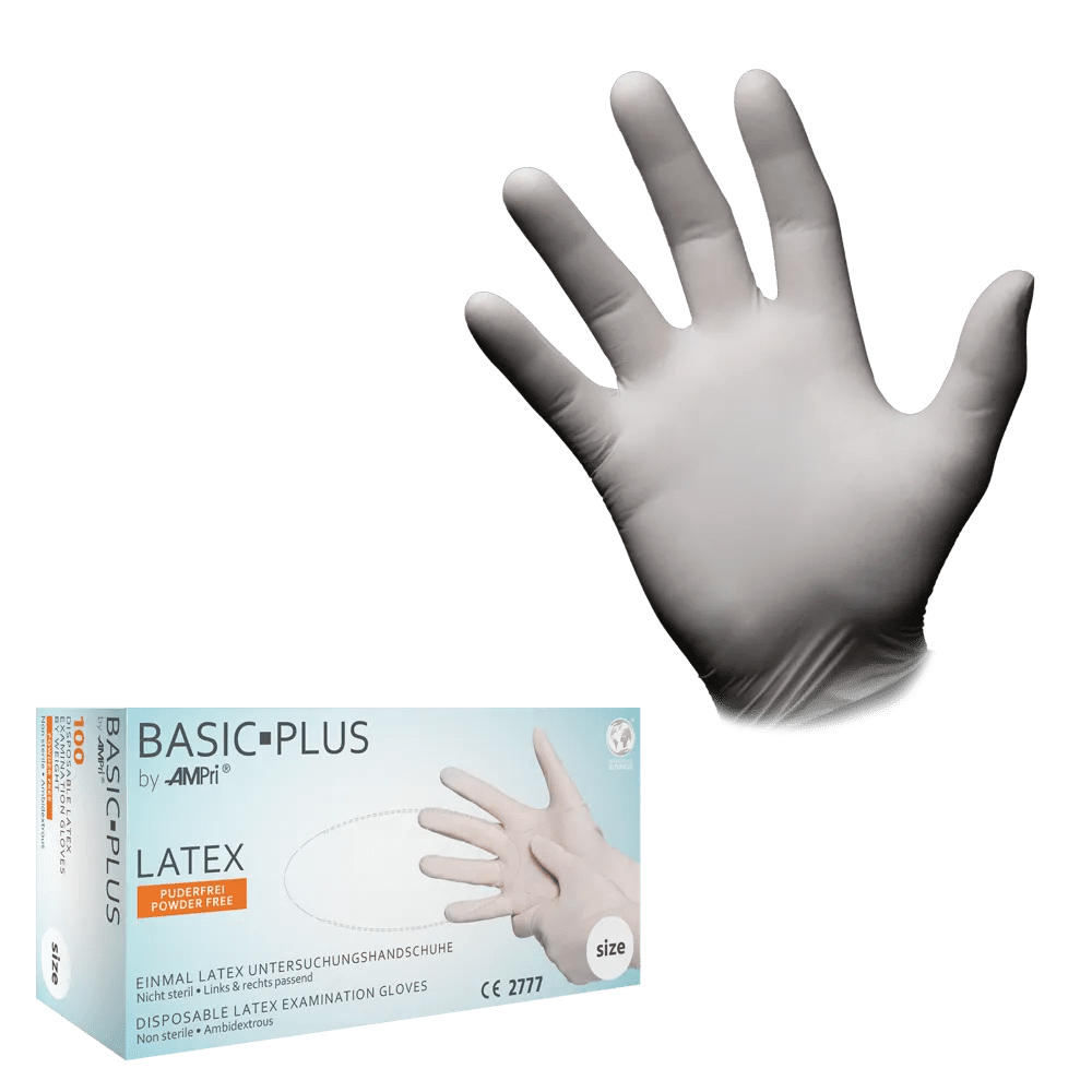 Guantes de látex, blanco, talla M, sin polvo, Basic-Plus: comprar guantes desechables de látex como guantes de examen y guantes de protección.